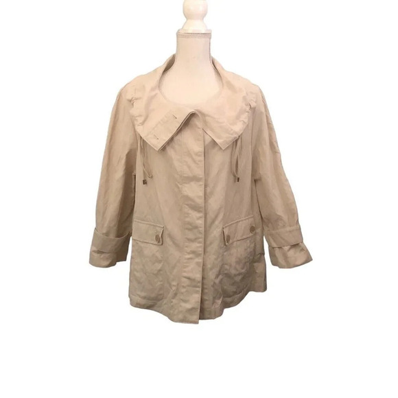 TALBOTS Sz 14W Khaki Button Up Ruffled Neck Long Sleeve Front Pockets Jacket - Picture 1 of 6